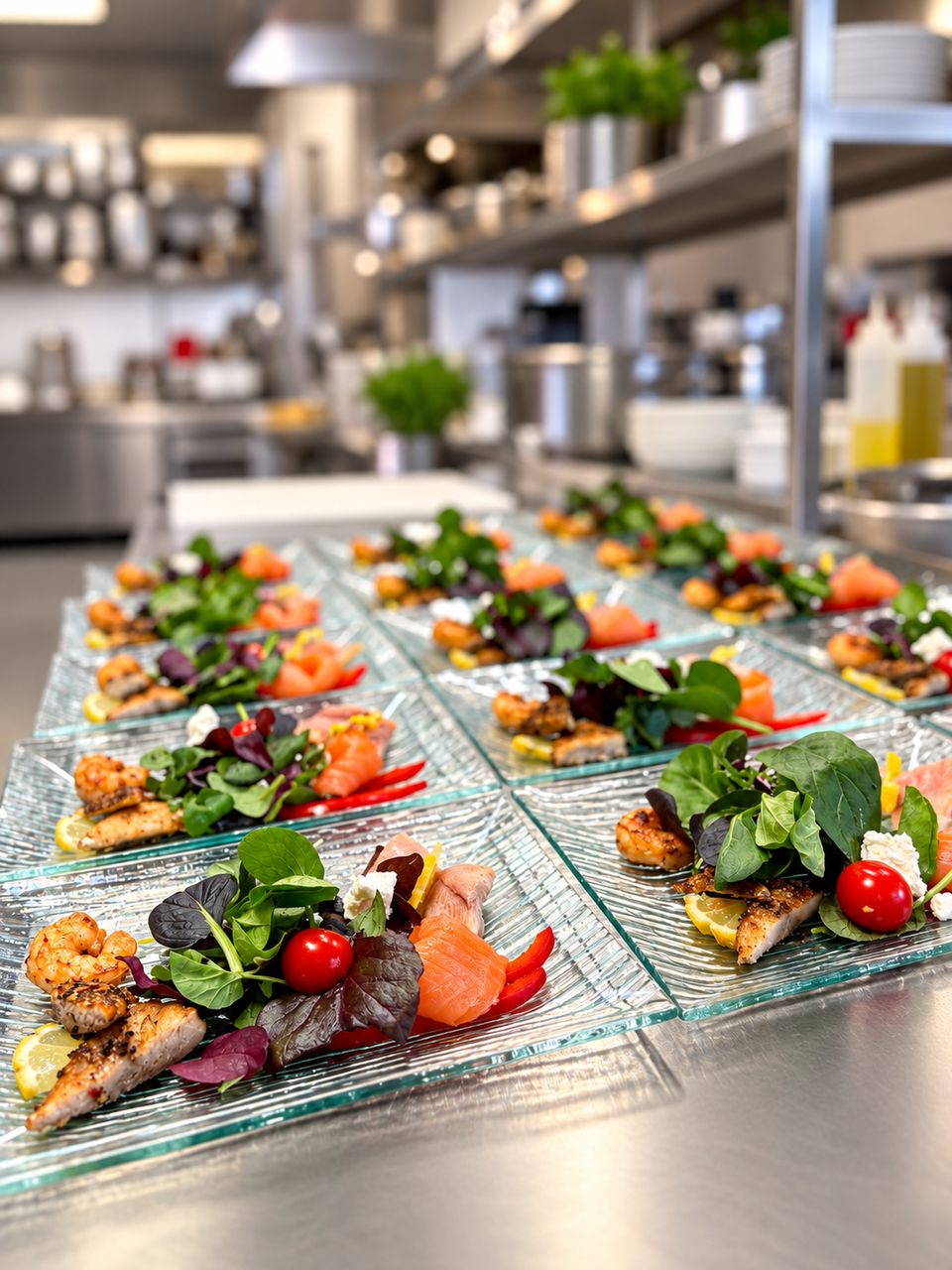 Reihen angerichteter Vorspeisenteller mit Garnelen, Räucherlachs, Hähnchen und Blattsalat