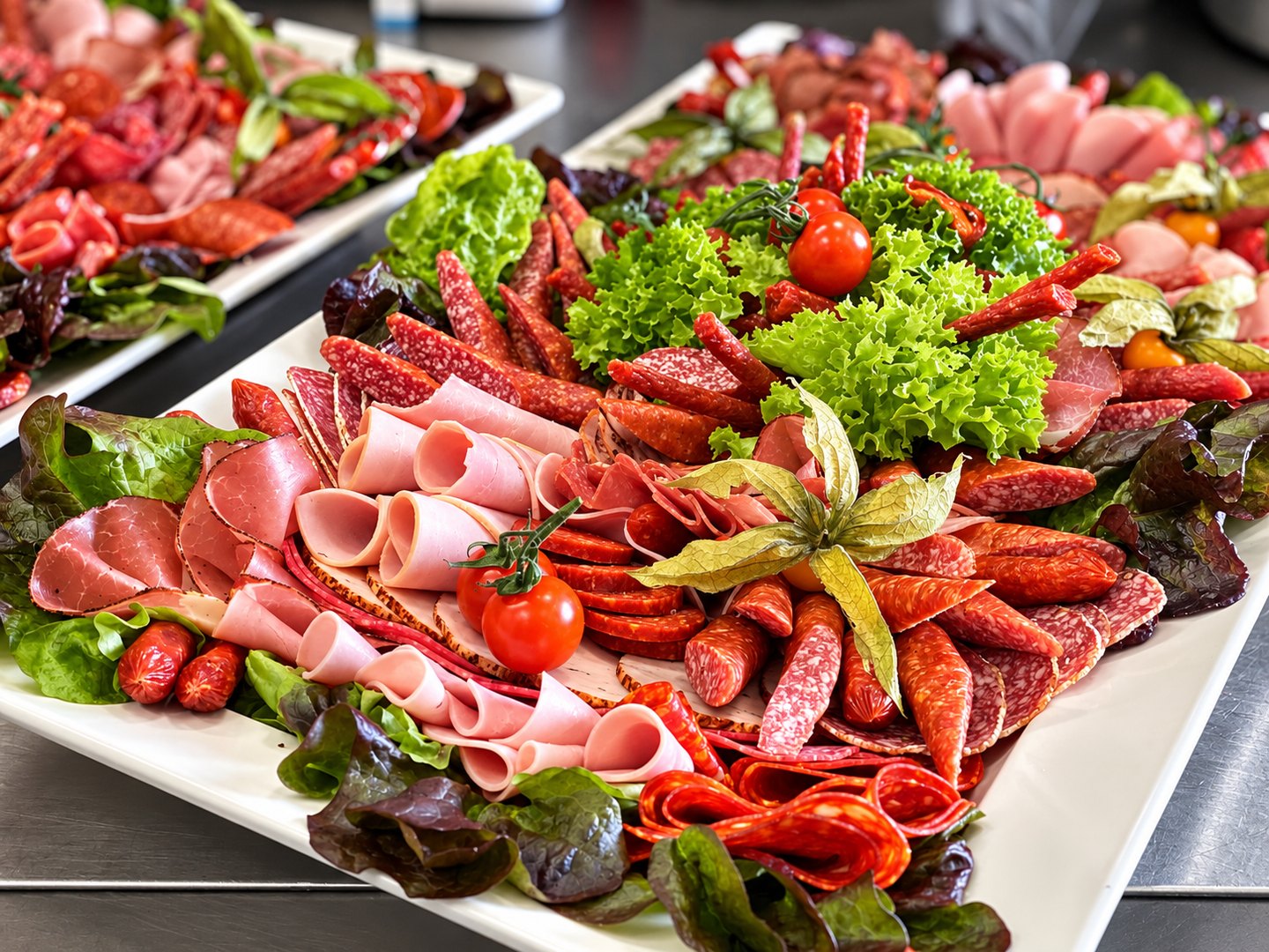 Kalte Platten mit Aufschnitt, Salami, Tomaten und Gemüsegarnitur