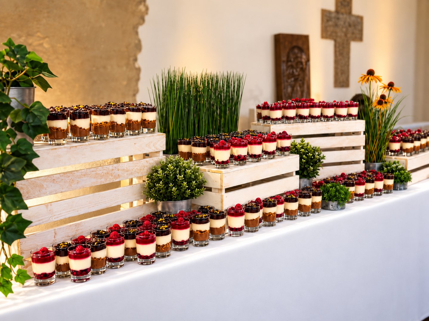 Dessertgläser mit Beeren auf weißen Holzetageren und festlich dekoriertem Buffettisch