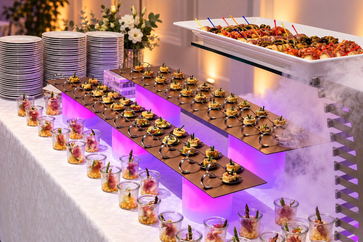 Fingerfood auf beleuchteten Etageren mit Vorspeisenlöffeln und kleinen Gläsern