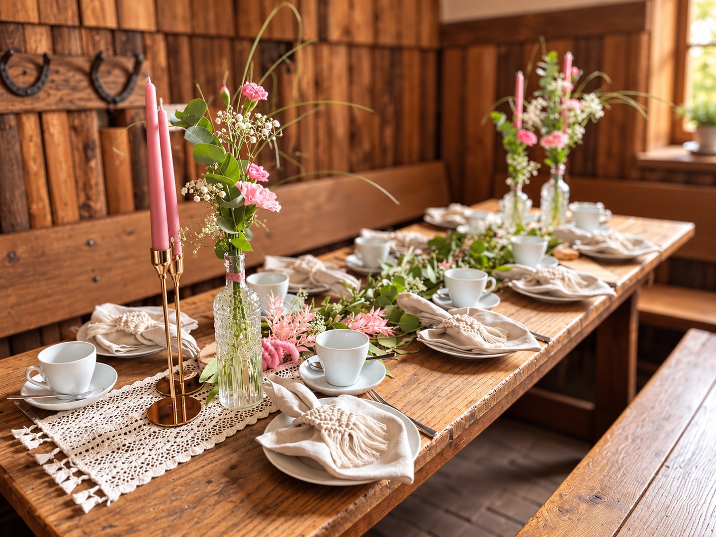 Gedeckter Holztisch mit weißem Geschirr, Stoffservietten, rosa Kerzen und Blumen