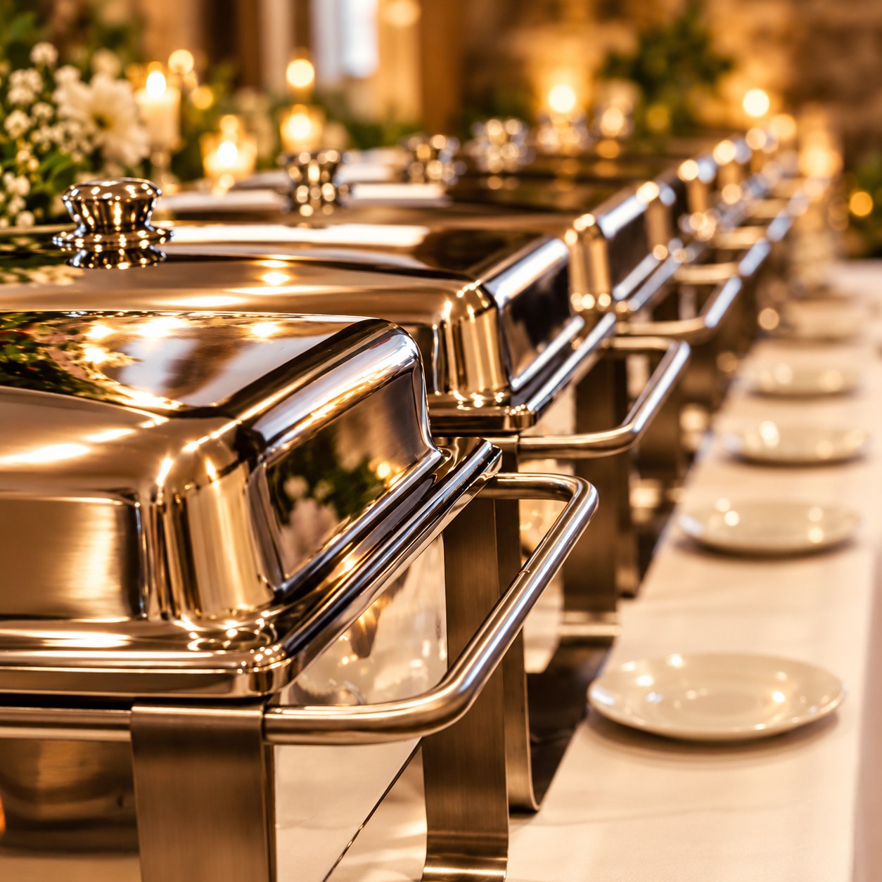 Glänzende Warmhaltebehälter mit Tellern, Blumen und Kerzen auf einem festlich gedeckten Buffettisch
