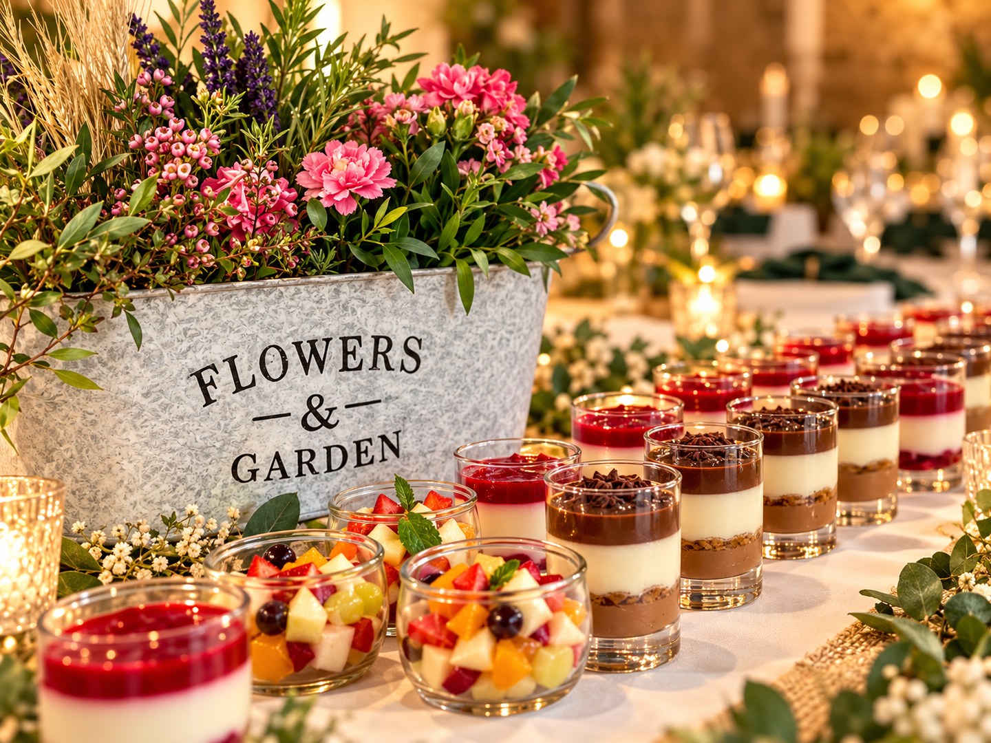 Dessertgläser und Obstsalat auf einem mit Blumen und Kerzen dekorierten Buffettisch