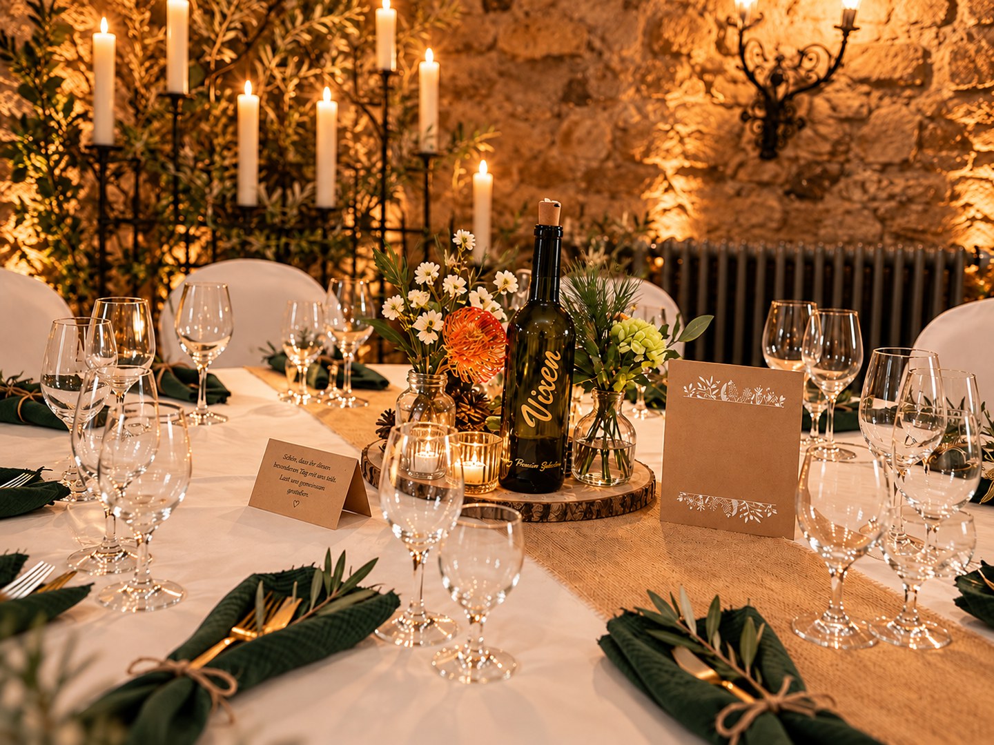 Festlich gedeckte Tafel mit Blumen, Kerzen und Gläsern in einem Saal mit Natursteinwänden